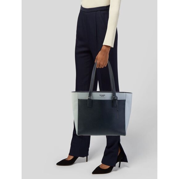 Kate Spade Cameron Tote Black Gray Leather Colorblock Office Career Laptop Bag - Picture 2 of 8